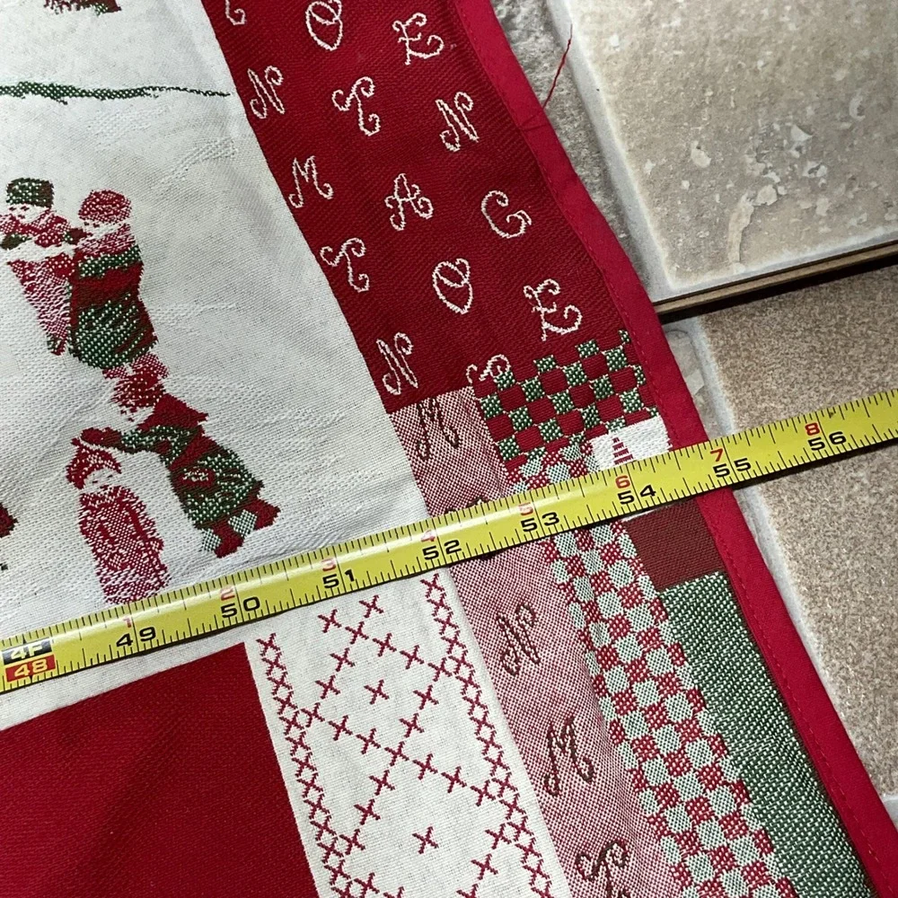 Tissus Toselli France Winter Tapestry Table Runner Red Green Skier Reindeer 55in